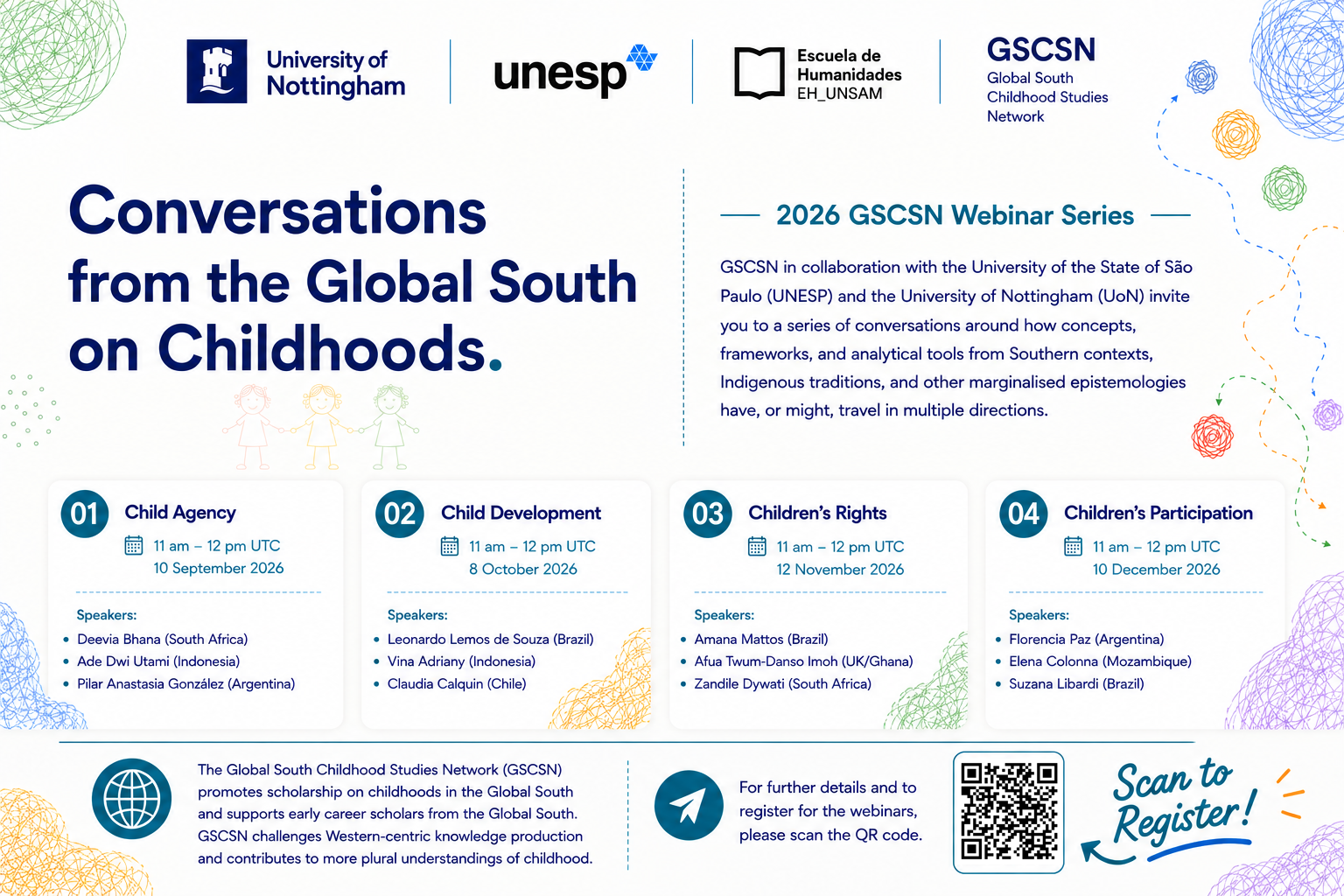 Póster del ciclo de webinars GSCSN 2026, Conversaciones desde el Sur Global sobre Infancias